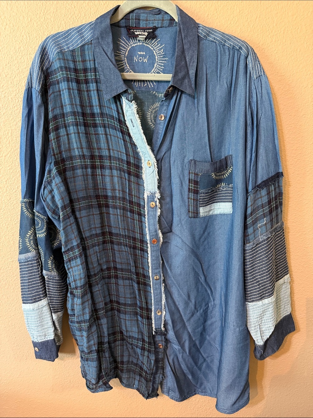 Blue Patchwork Plaid Woman’s Shirt - Casual Button-Up - Johnny Was